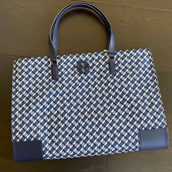 Tory Burch Ella Nylon Mixed Print Tote Navy Crimson Red Geo Logo - Picture 5 of 8